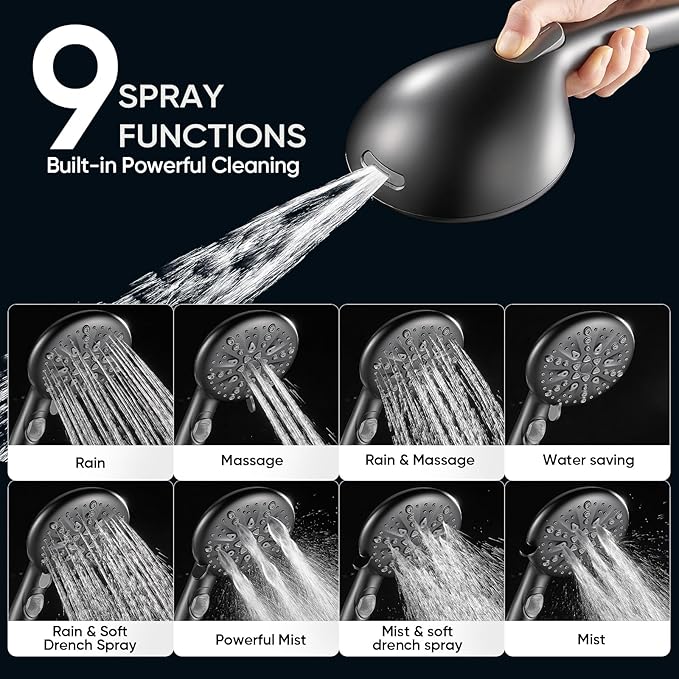 Cobbe High Pressure Shower Head with Built-in Pause Button, 9-Function Detachable Showerhead with Handheld Brass Swivel Bracket & Stainless Steel Hose, Water Saving 1-Click Stop, Black