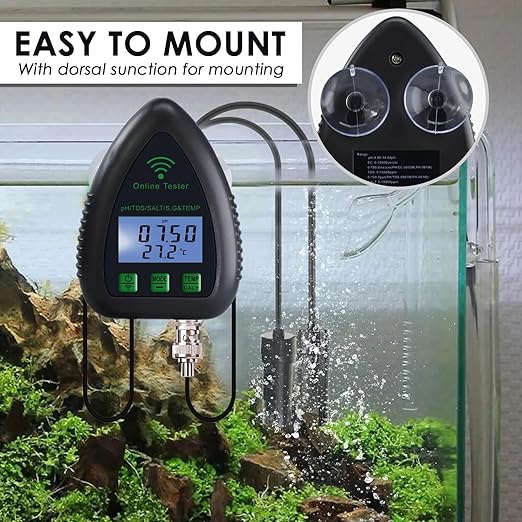 WiFi Water Quality Monitor 5-in-1 pH, S.G., TDS, Salt & Temperature Tester | 24/7 Online Hydroponic Monitoring with Data Logging & Alarms for Aquariums, Fish Ponds & Saltwater Pools