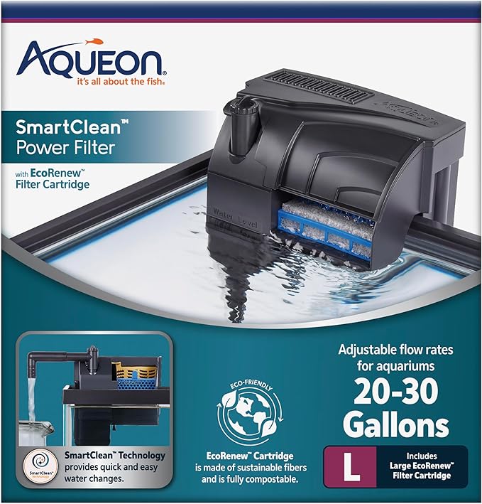Aqueon SmartClean Power Filter with EcoRenew Filter Cartridge, Quick and Easy Water Changes, Quiet Operation, Adjustable Flow, for 20-30 Gallon Freshwater and Saltwater Aquariums, Large - AquaVibe