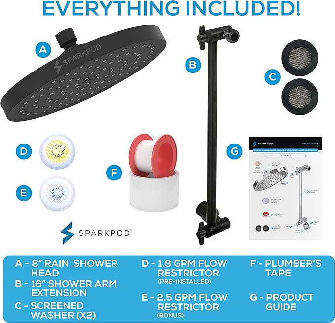 SparkPod Round Rain Shower Head with Extension Arm - Height Adjustable Shower Head with High Pressure Performance - Easy 1-Minute Installation (16" Arm Extension, Midnight Black Matte)