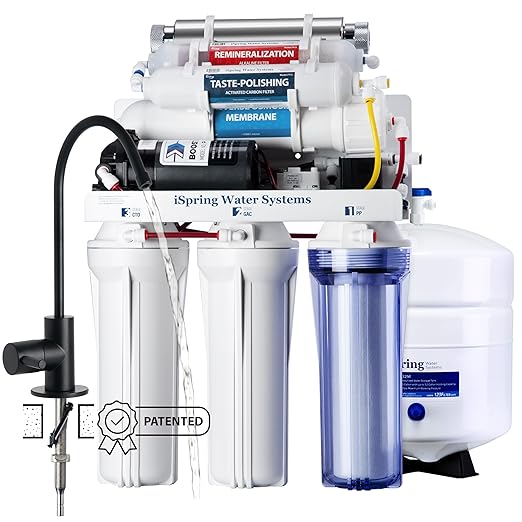 iSpring RCC1UP-AK-BLK, 7-Stage Alkaline UV Reverse Osmosis Water Filter with Booster Pump, Sleek Black RO Faucet TDS PFAS Microplastic Removal, Patented Top-Mounted Faucet Design for Easy Installation