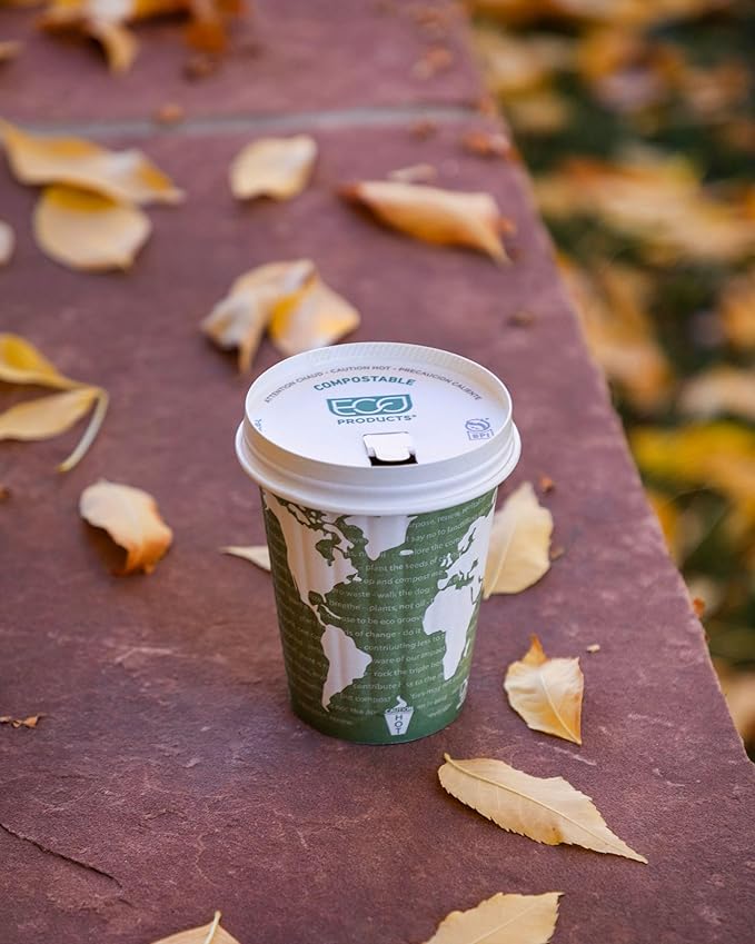 ECO PRODUCTS Compostable Disposable Insulated World Art 12oz Coffee Cups, Pack of 40, Renewable Double-wall Hot Paper Cup, Plant Based PLA Lining, No Sleeves Needed, Color Coded