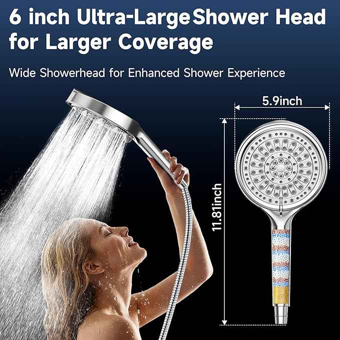 6 Inch Filtered Shower Head, 6 Spray Modes High Pressure Handheld Shower Head with Filter for Hard Water, Detachable Water Softener Showerhead with Hose, Chrome