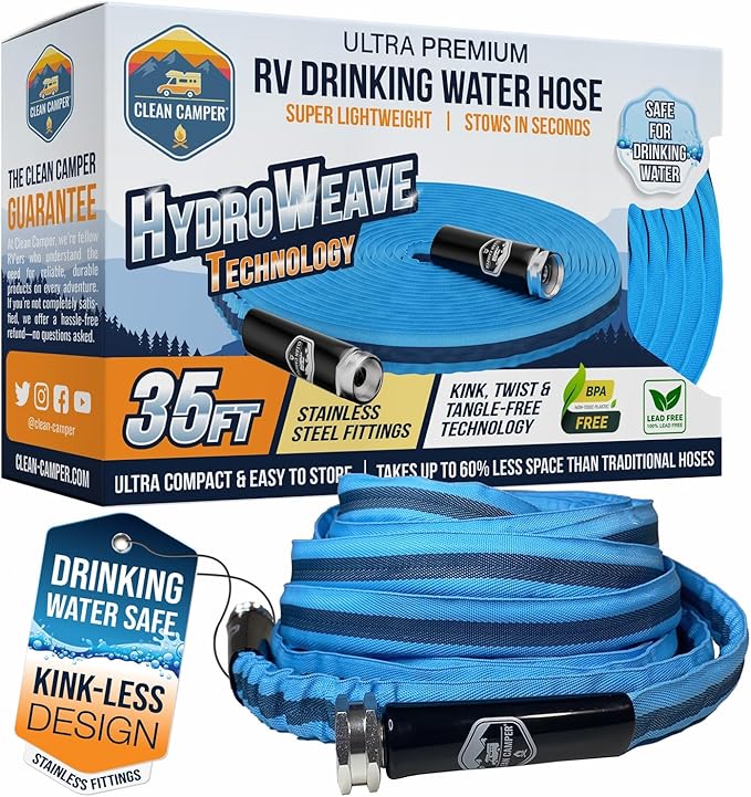 RV Fresh Water Drinking Hose 35' by Clean Camper- Kink Free Design | Non Leaching | Non Toxic | Stainless Steel Fittings | Durable Camping RV Hose