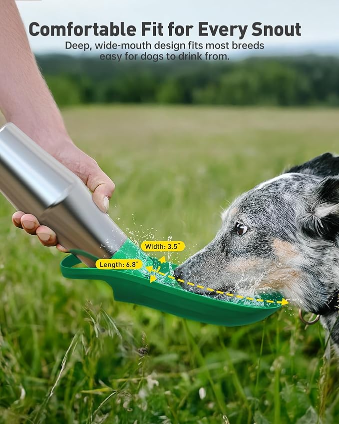 Stainless Steel Dog Water Bottle - 27 oz Portable Travel Dog Bottle & Bowl, Leak Proof Stainless Steel Metal Pet Water Bowl Dispenser for Camping, Hiking, Traveling, Walking (27oz, Green) - AquaVibe