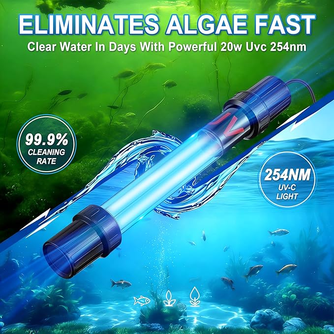 Qualirey 20W UV Pond Clarifier for 100-1000 Gallon Aquarium, Koi Pond, Pool, Spa, 13.4" UV Light for Aquarium Algae Control & Clear Water, Upgrad Quartz Glass Tube, 55inch Power Cord, Indoor Outdoor