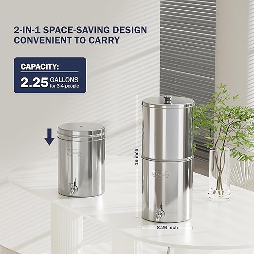 Frizzlife G210-SCALE Travel Gravity-Fed Water Filter System, NSF Certified Element with Scale Inhibition Reduces 99% Chlorine, Odor, Impurity, Purifier System with Stand for Home, Camping, 2.25G