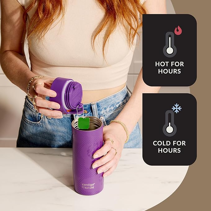 Contigo x Ally Love Stainless Steel Vacuum-Insulated Travel Mug with Autoseal and Easy Clean Lid, Spill-proof, Keeps Drinks cold 24 hrs & hot for 11 hrs, BPA Free, 16oz., West Loop 3.0, Violet