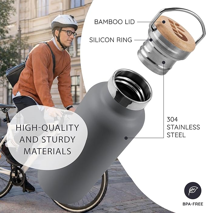 Bambaw 16 oz Metal Water Bottle, Insulated Stainless Steel Water Bottle, Fits in Cup Holder, Great for Hiking & Travel, Made of High-Grade Stainless Steel, Refillable & Reusable (Stormy Gray)