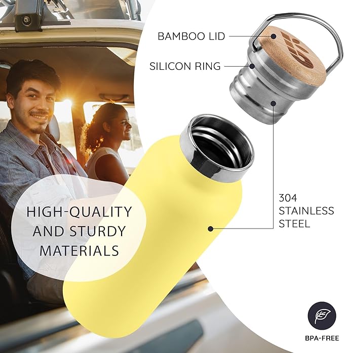 Bambaw 12 oz Metal Water Bottle Insulated with Handle, Leak-Proof Stainless Steel Water Bottle for School, Gym or Travel, Screw-Top Cap, Keeps Drinks Cold for 24h Cold & Hot for 12h (Yellow Beam)