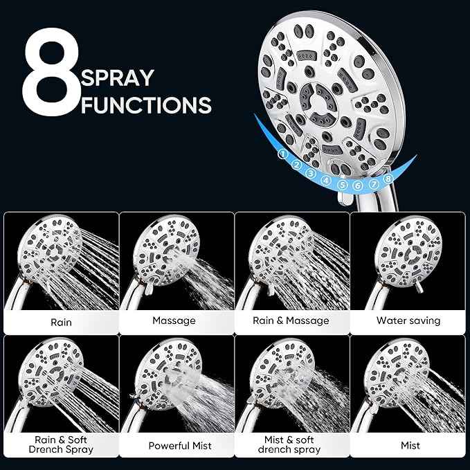 Cobbe High Pressure 8 Functions Shower Head with handheld - Powerful Detachable Shower Head Set for Low Water Pressure - Tool-less 1-Min Installation (Chrome)