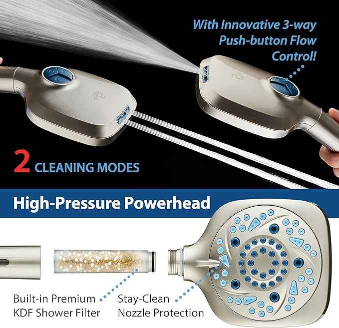 AquaCare High Pressure 10 Spray Mode Filtered Showerhead - Handheld Shower Head Filters Chlorine to Heal Dry Skin, Revive Hair - Dual Power Wash Cleans Tub, Tile, Pets - Hard Water Softener, Nickel