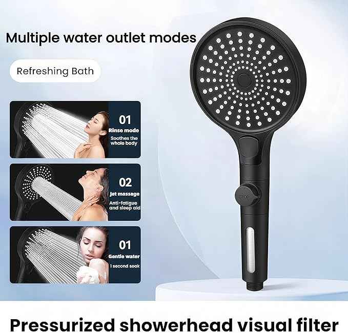 Filtered Handheld Shower Head with Hose and Holder, 5.1" Large High Pressure Shower Wand with 2 Extra Filters, Matte Black Showerhead Set for Hard Water, 3 Spray Modes & One-Key Pause