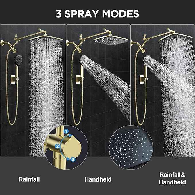 Veken 11.8" Rain Shower Head with Handheld, High Pressure Handheld Shower with Multi Spray Modes, Rainfall Combo with Metal Extension Arm, Detachable Dual Showerhead, Bathroom Decor, Gold