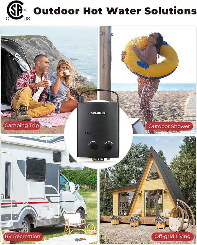 CAMPLUX 1.32 GPM Portable Water Heater, 5L Tankless Water Heater Propane Outdoor, AY132B, Black