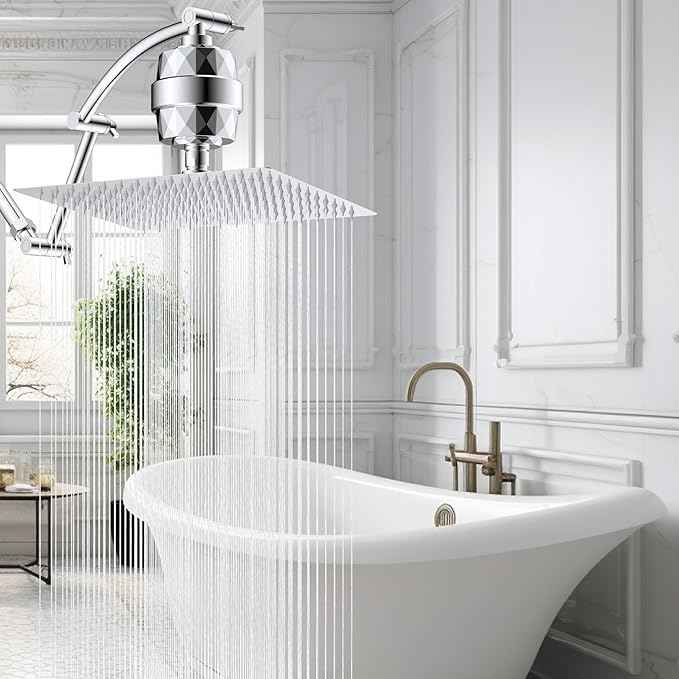 Hibbent All Metal Rain Filtered Shower Head, 12'' High Pressure Rainfall Showerhead with 16" Shower Head Extension Arm, 20 Stage Shower Filter, Solid Brass Adjustable Shower Arm Extender, Chrome