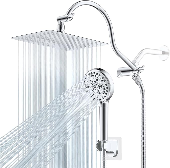 Hibbent All Metal Shower Head, 10'' High Pressure Rainfall Shower Head/Handheld Showerhead Combo with 12'' Adjustable Curve Shower Extension Arm, 10 Sprays, 71'' Shower Hose, Showerhead Holder, Chrome