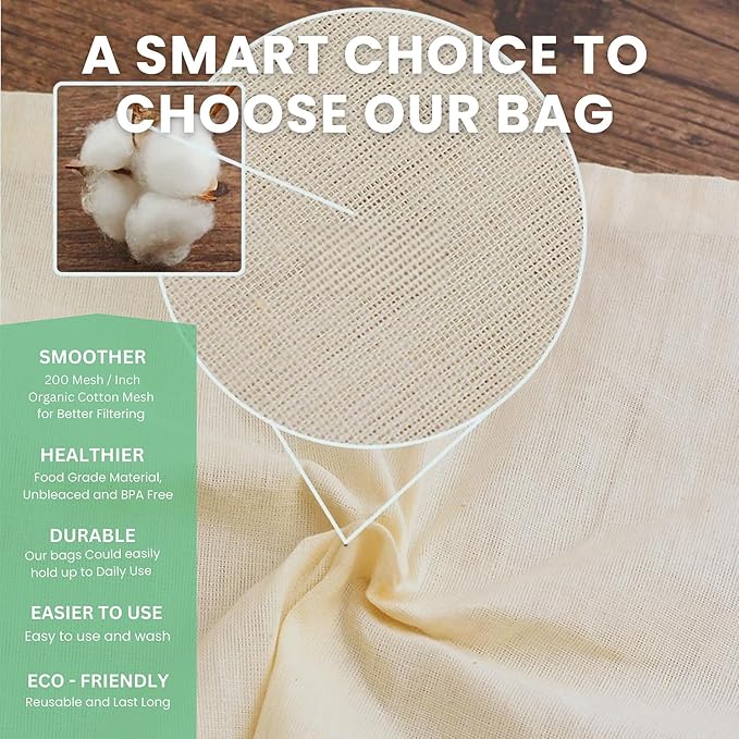 Nut Milk Bag| Cheesecloth Bags| Commercial Grade Reusable| Almond Milk Multi Purpose Strainer| Cloth Bags for Tea/Yogurt/Juice/Wine/Soup/Herbs| Washable 100% Unbleached Cotton| 5 Pieces Big 14"X 14"