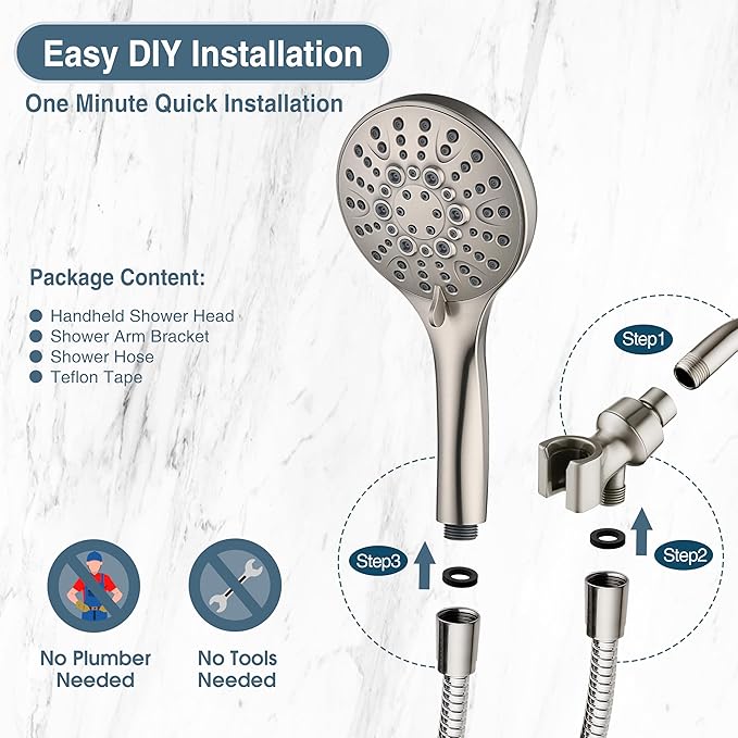 BRIGHT SHOWERS High Pressure Shower Head with Handheld, 9 Spray Settings Showerhead Built in Power Wash to Clean Tub and Pets, Extra Long 69" Hose, Adjustable Bracket, Brushed Nickel - AquaVibe