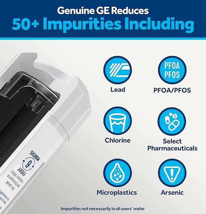GE XWFE™ Refrigerator Water Filter, Genuine Replacement Filter, Certified to Reduce Lead, Microplastics, PFOA/PFOS, and 50+ Other Impurities, Compatible with GE Appliances Brands, Pack of 2