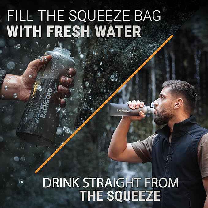 Water Filter Camping – Bachgold Foldable Squeeze Portable Water Filter for Hiking, Backpacking & Emergency Use | Ultralight Outdoor Filtration Bottle, Swiss Design