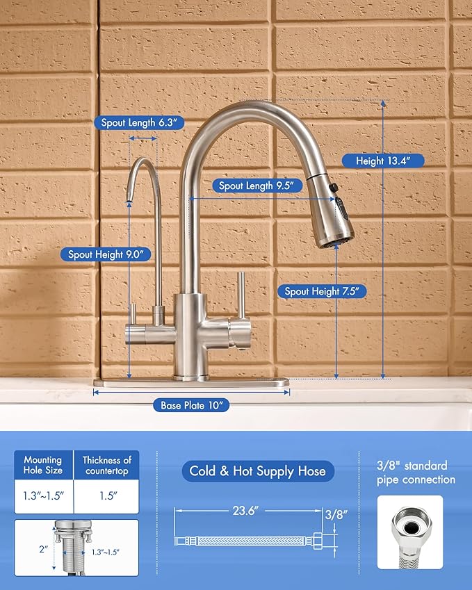 CENOSA 3 in 1 Bruched Nickel Kitchen Faucet with Sprayer Two Handle Kitchen Sink Faucet with Under Sink Water Filter System Reduces PFAS, PFOA/PFOS, Lead, Chlorine, Bad Taste & Odor