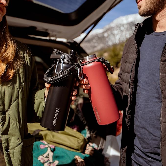 Insulated Water Bottle 40oz,Triple Wall Vacuum Stainless Steel(Dishwasher Safe),Leak Proof & Non-BPA,Flask Jug with Paracord Handle & Straw Spout Lids Sports Black