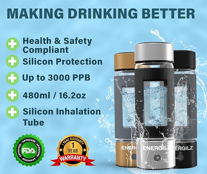 Gold+Silver Hydrogen Water Bottles – 16 oz, SPE & PEM Hydrogen Ionizer Water Bottle, 3000 ppb, Silicone protection Hydrogen Water Generator