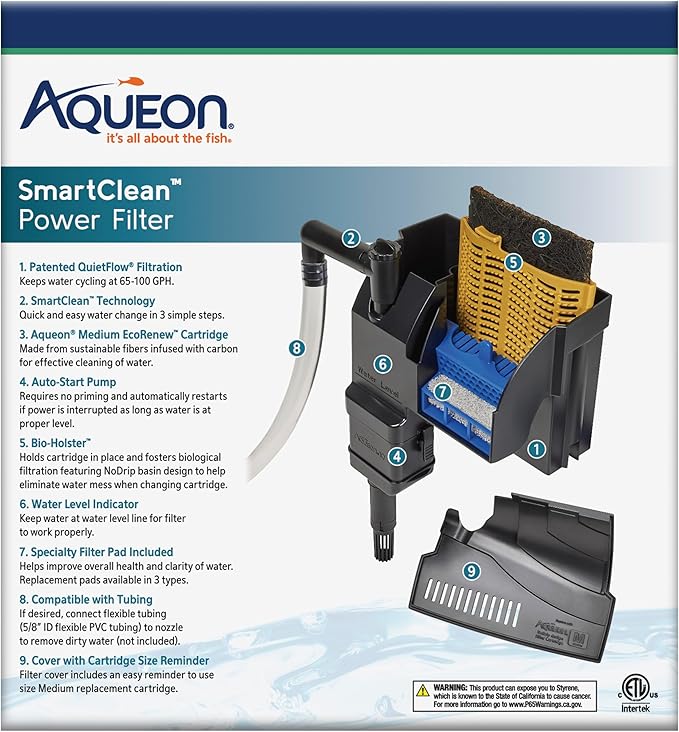 Aqueon SmartClean Power Filter with EcoRenew Filter Cartridge, Quick and Easy Water Changes, Quiet Operation, Adjustable Flow, for 10-20 Gallon Freshwater and Saltwater Aquariums, Medium - AquaVibe