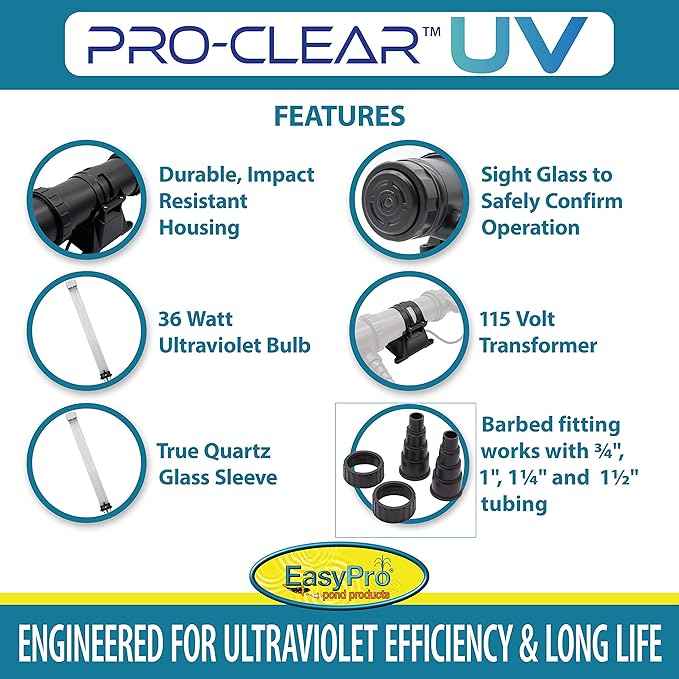 EasyPro PC36W PRO-Clear UV Clarifier / 36 Watt/Max. Flow Rate: 3900 GPH/Max. Pond: 7000 Gallons