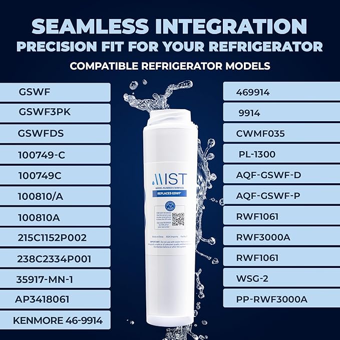 Mist GSWF Water Filter Replacement Compatible with GE Models: GSWFDS, 100749-C, 100810/A, 238C2334P001, Kenmore 46-9914, 1 Pack - Mist