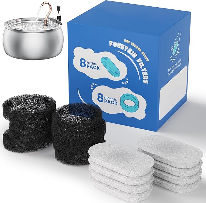 Official Cat Water Fountain Replacement Filters - 16 Pack Cat Fountain Filter for 3.2L/108oz & 4L/135oz Pet Water Fountain, Three-Layer Filtration Replacement Filters(8+8 Pack), 4 Month Set