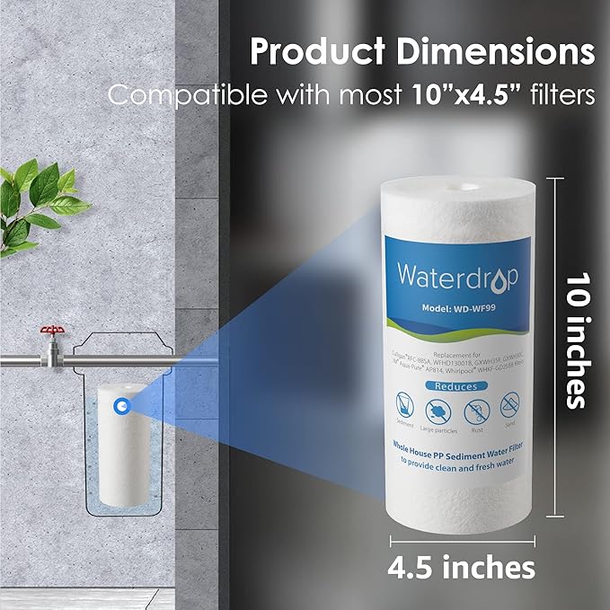 Waterdrop Whole House Sediment Water Filter, 10" x 4.5", Replacement for Pentair Pentek DGD-5005, GE® GXWH40L, GXWH35F, Culligan® RFC-BBSA, 3M® Aqua-Pure® AP810, 5 Micron, Pack of 2 - AquaVibe