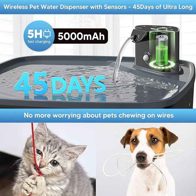 Dog Water Fountain Wireless,2.1GAL/8L Large Dog Water Fountain Battery Operated, Dog Fountain Water Bowl with Sensor,Wireless Smart Pump,Timer,BPA-Free,Ideal for Large Dogs,Multi-Pet Home