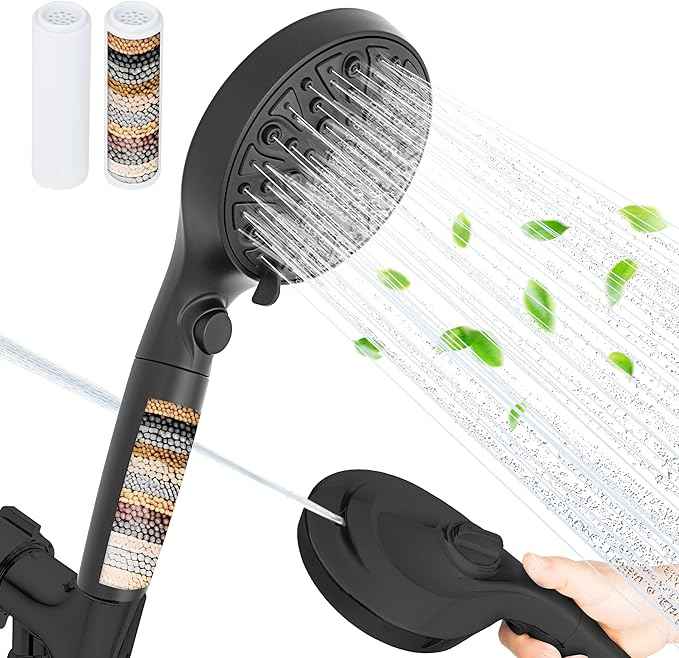 HYLER Filtered Handheld Shower Head with 8-Spray Modes and 1-Jet, 1.8 GPM Water Saving, ON/OFF Switch, 6ft Extra-long Stainless Hose, 15-Stage Strong Filter, Black Matte and 1-Extra Filter