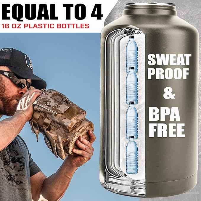 Iron Infidel Battle Bottle - Half Gallon Water Bottle Insulated, 64 oz Tactical Stainless Steel Water Jug with Handle - Gym Water Bottle with Rugged Sleeve for Storage (MARPAT 2 Liter)
