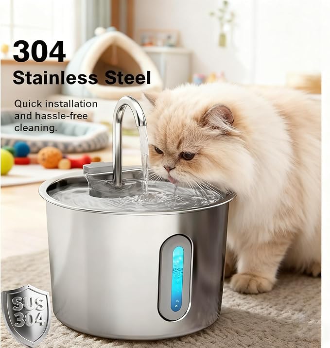 Cat Water Fountain,74oz/2.2L Cat Fountain Stainless Steel for Drinking Indoor,Ultra Quiet Pet Water Dispenser for Cat& Small Animals