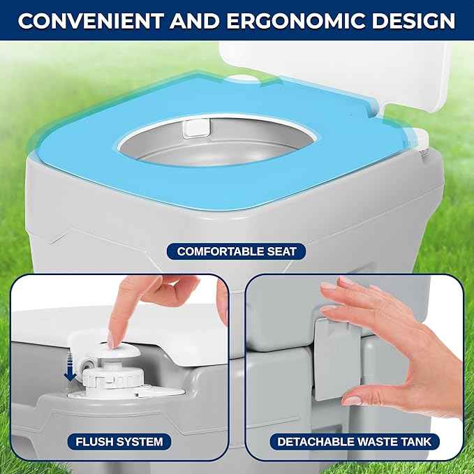 SereneLife 5.2 Gal Portable Camping Toilet For Adults, 100+ Flushes, Porta Potty Camp Toilet with Detachable Waste Tank, Level Indicator, Carry Bag, Suitable for Camping, Hiking, and Boating