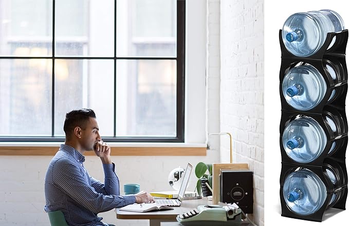 Bariboo Stackable Water Bottle Storage Rack Best Water Jugs 5 Gallon Organizer. Jug Holder for Kitchen, Cabinet and Office Organizing. Reinforced Polypropylene (Black, 4 No Shelf)
