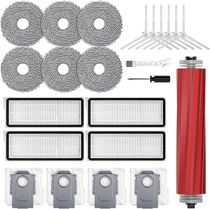 23 Pcs Replacement Accessories for Roborock QRevo MaxV/QRevo Pro/QRevo S/Qrevo Plus Robot Vacuum Cleaner with 1 Mainbrush 4 Filter, 4 Dust Bags 6 Mop Pads 6 Sidebrush 1 Cleaning Brush 1 Screwdriver - AquaVibe