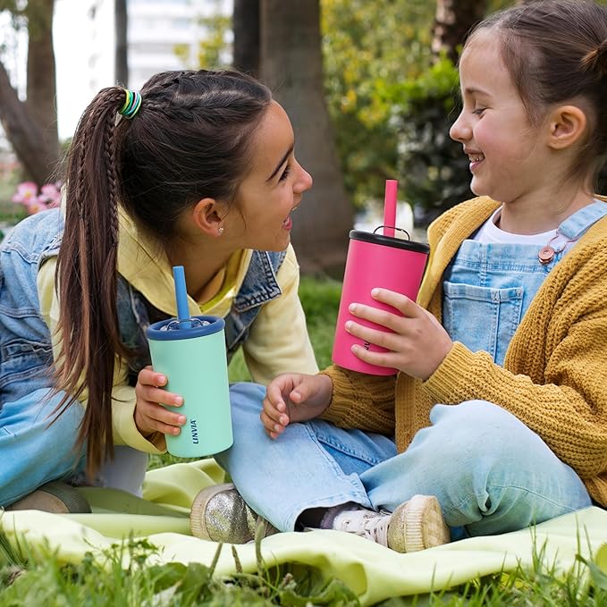 Candy Tumbler, 12 oz Kids Insulated Stainless Steel Water Bottle with Spill Resistant Silicone-Metal Straw and 2-in-1 Lid, BPA-Free, Cup Holder Friendly, Dishwasher Safe, Teal