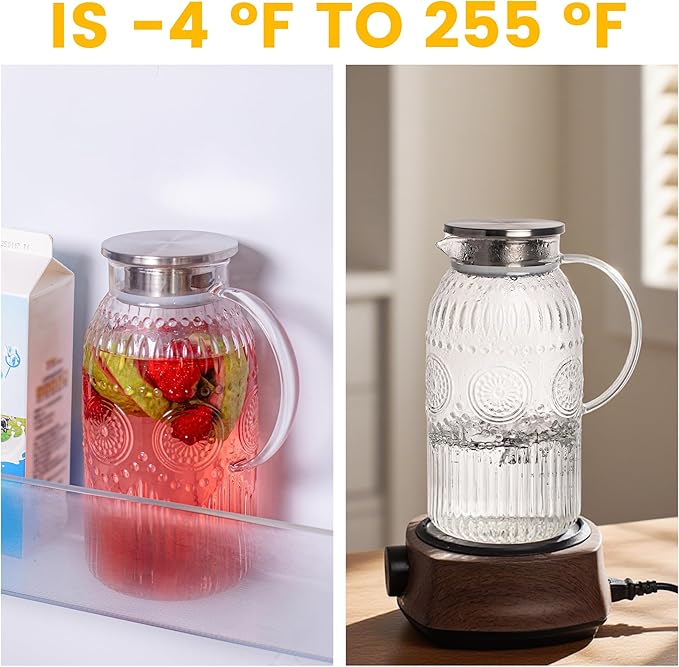 Bandesun Vintage Glass Pitcher with Lid, Heat Resistant Borosilicate Water Jug, 68 oz/ 2 Liter Water Pitcher with Handle and Spout for Fridge, Carafe for Hot/Cold Coffee, Tea,Beverage 1Pack