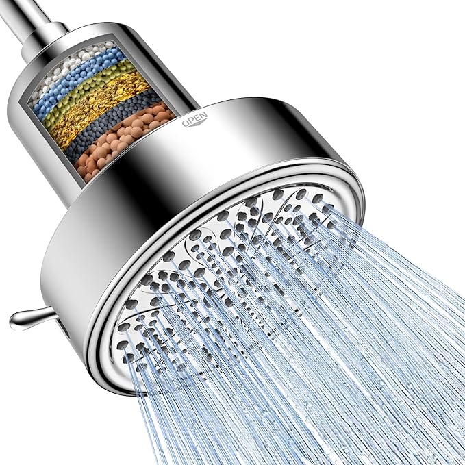 FEELSO Filtered Shower Head, High Pressure 6 Spray Modes Shower Head with Filters for Hard Water Remove Chlorine, Improves Skin & Hair, Rain Showerhead with One-Click Filter Change Design