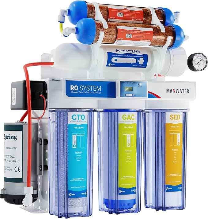 Max Water 6 Stage 200 GPD (Gallon Per Day) RODI (Reverse Osmosis Deionization) Water Filtration System + Digital TDS Meter + Booster Pump for Aquarium