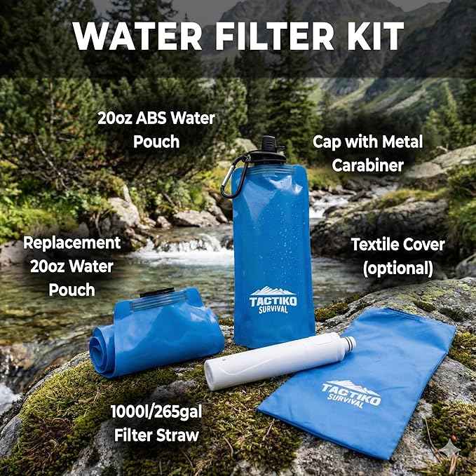 Tactiko Survival 20oz/600ml Purifying Water Bottle Filter Kit - Filter 265 Gal. Water from Rivers, Lakes & Streams - SGS Certified - UF Membrane, Activated Carbon - Camping, Hiking, Emergency (Blue)