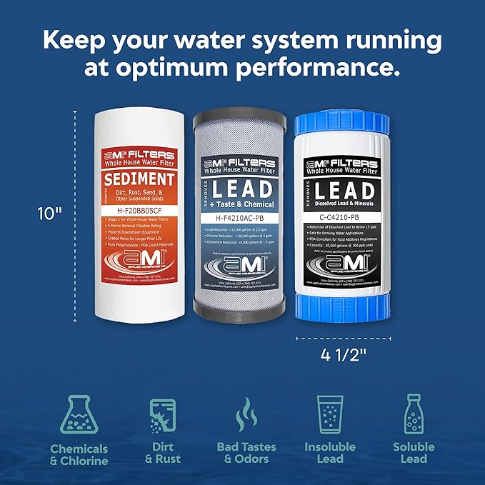 Applied Membranes Inc. 3-Stage Whole-House Water Filter Cartridge Replacements, Includes 10-Inch Sediment, Carbon, and Lead Filter Cartridges