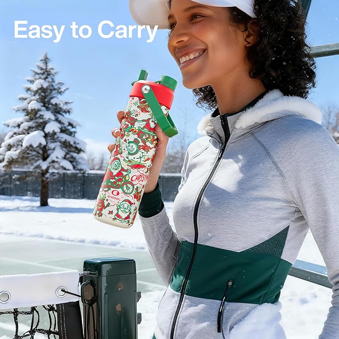 ENCOOL Christmas Insulated Water Bottle with Straw, Stainless Steel Water Bottle, Leak Proof BPA-Free, Keeps Cold for 24 Hours for Sports, Christmas Holiday Gifts for Women, 26 oz, Santa Rider