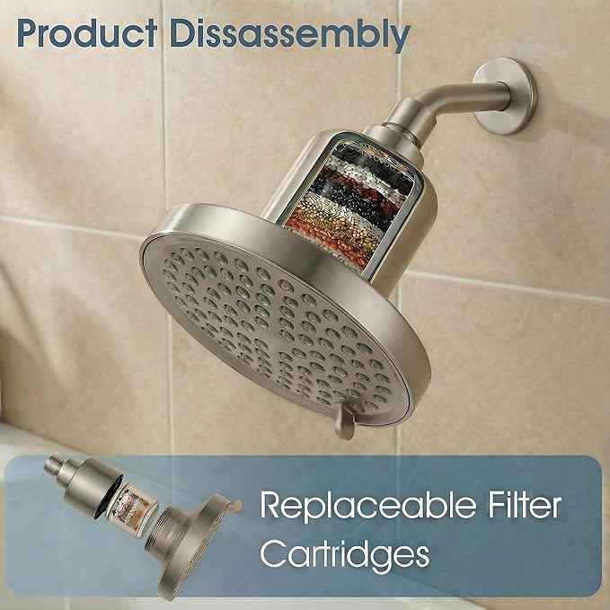 Fixed Shower Head ＆ Filter COMBO ! Anti - Chlorine Hard Water Filtered Shower Heads- 7 Sprays High Pressure Showerheads with 25 Stage Filtration (Brushed Nickel)
