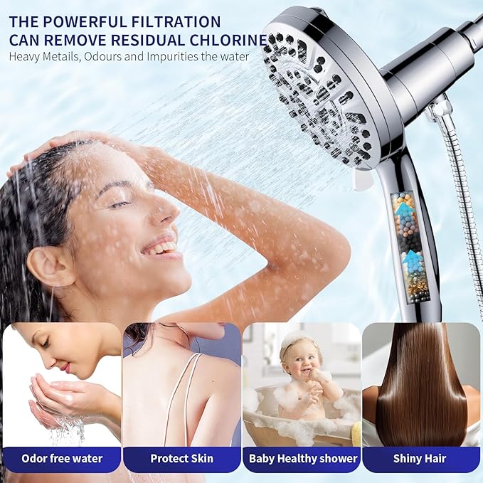 Magnetic Handheld Shower Head with Filter, High Pressure 10-Spray-Mode Detachable Shower Head with 60-Inch Hose, Powerful Hand Held Shower Head for Low Water Pressure(head,silver)