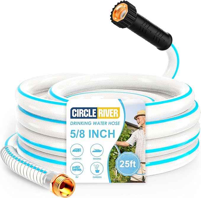 RV Water Hose, 5/8" Premium RV Drinking Water Hose for RV, Camping, Marine, Trailer and Truck, BPA Free, Anti-Kink and Leak-Free, Drinking Water Safe (White, 25FT)